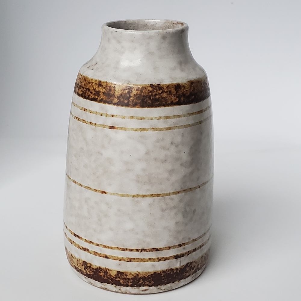 Vintage Pottery Craft USA Stoneware Vase Mid Century Modern Brown White Striped